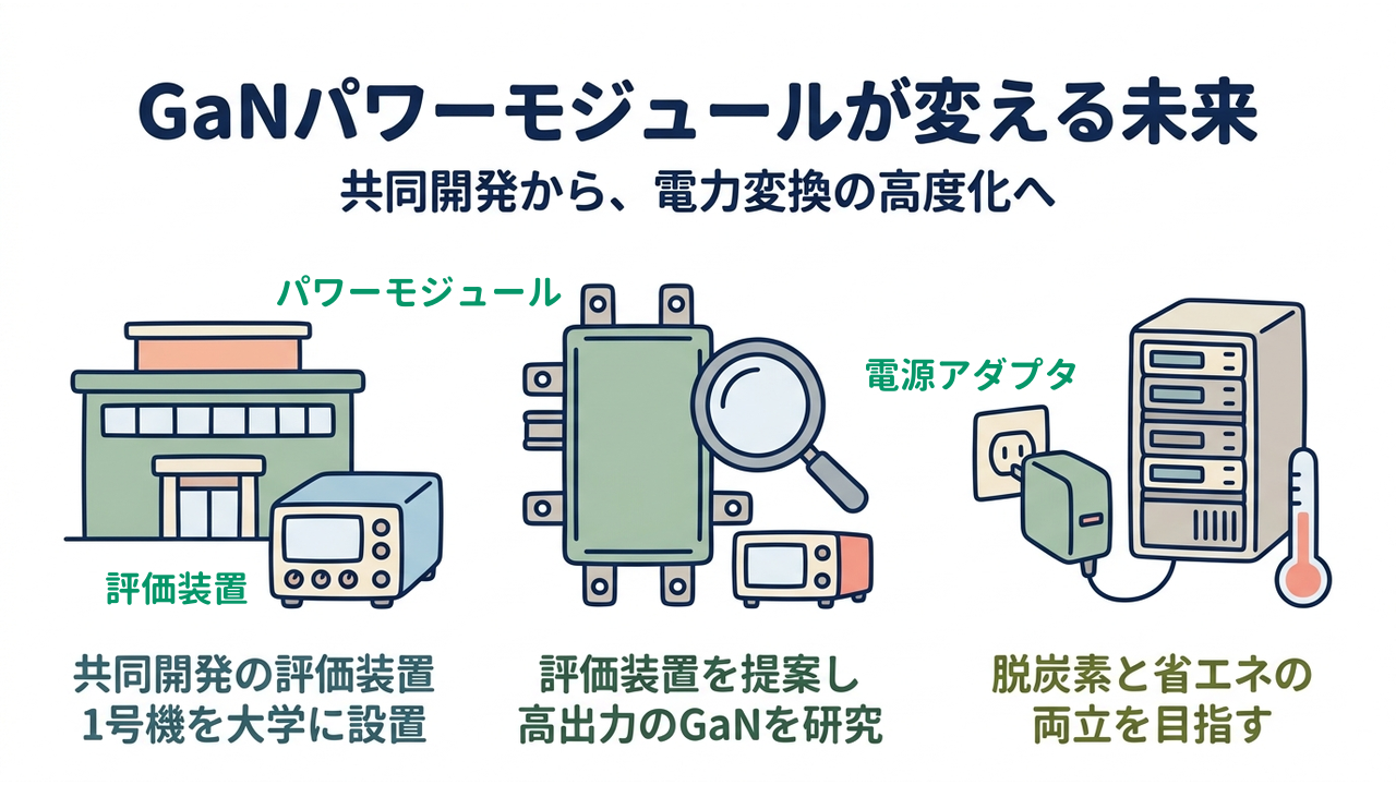 GaNパワーモジュールが変える未来｜共同開発から、電力変換の高度化へ｜共同開発の評価装置・1号機を大学に設置／評価装置を提案し・高出力のGaNを研究／脱炭素と省エネの・両立を目指す