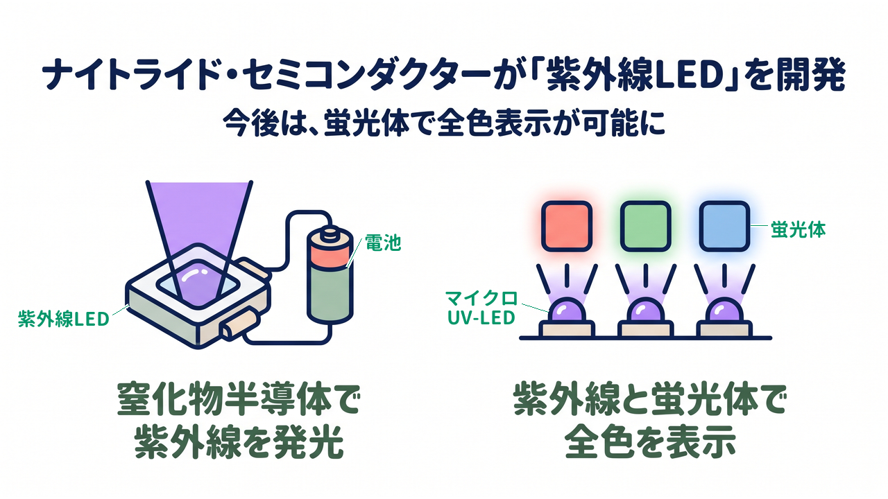 ナイトライド・セミコンダクターが「紫外線LED」を開発｜今後は、蛍光体で全色表示が可能に｜窒化物半導体で・紫外線を発光／紫外線と蛍光体で・全色を表示