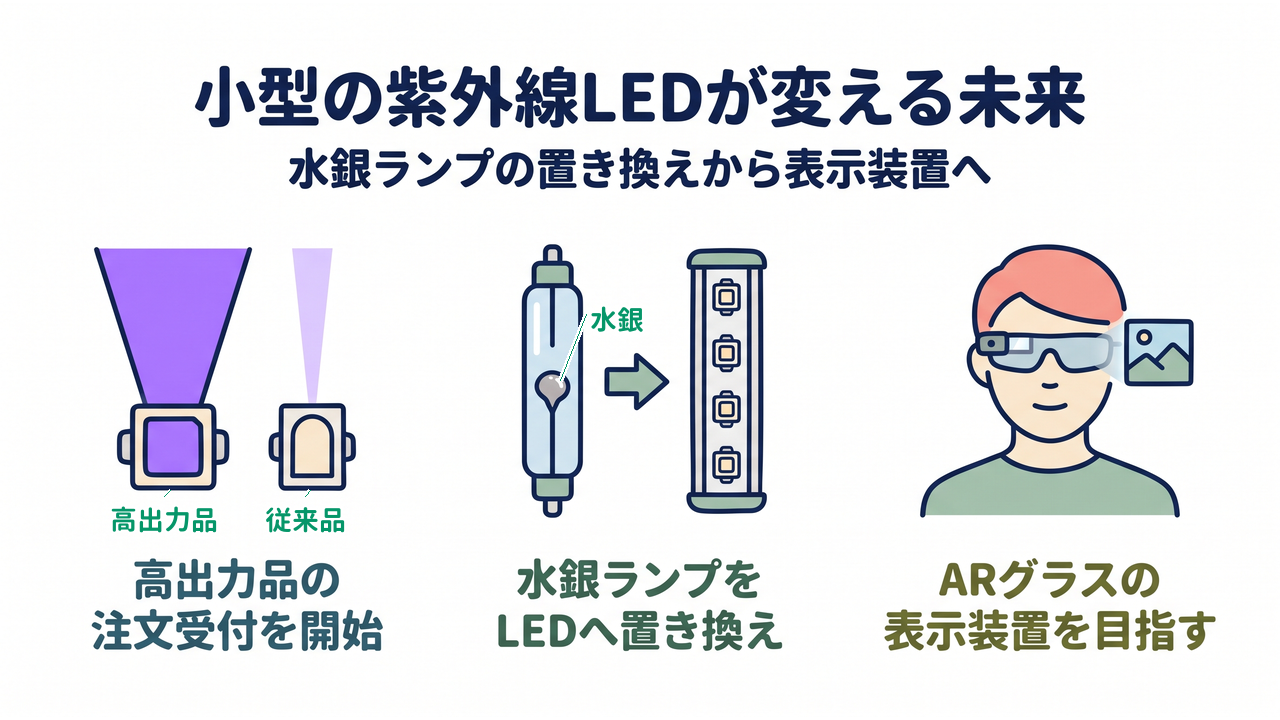 小型の紫外線LEDが変える未来｜水銀ランプの置き換えから表示装置へ｜高出力品の・注文受付を開始／水銀ランプを・LEDへ置き換え／ARグラスの・表示装置を目指す
