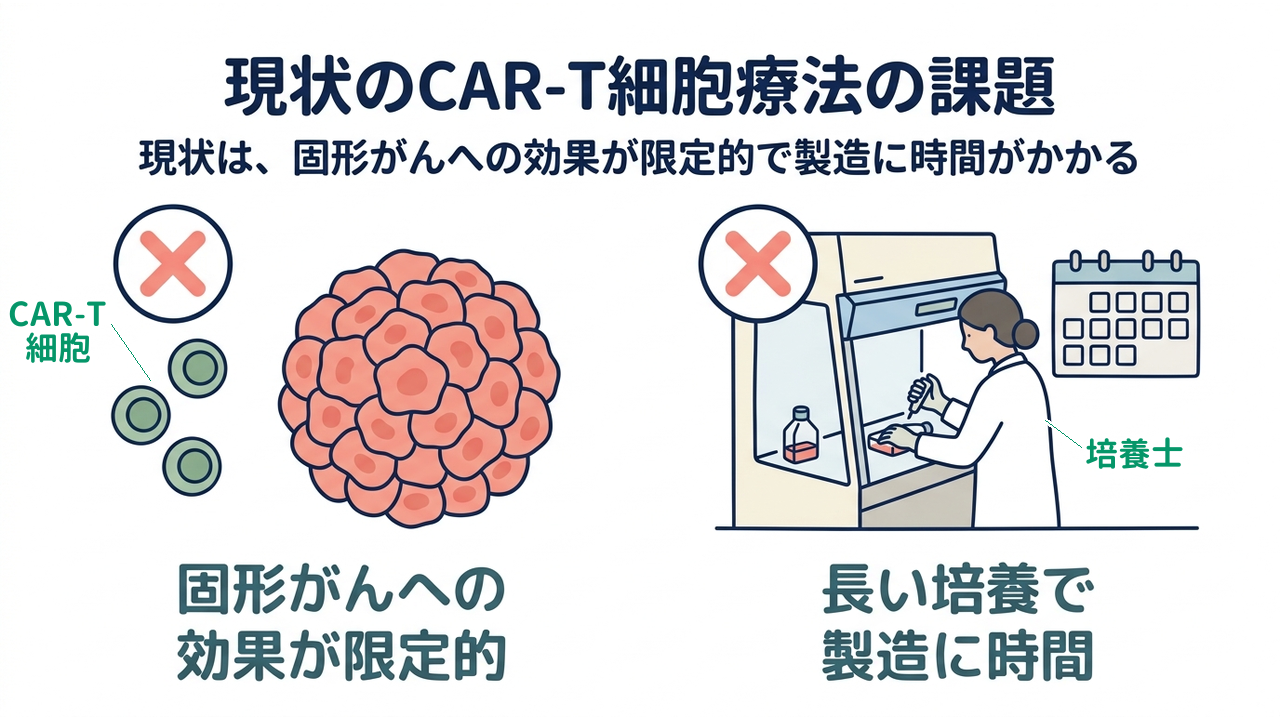 現状のCAR-T細胞療法の課題｜現状は、固形がんへの効果が限定的で製造に時間がかかる／固形がんへの効果が限定的／長い培養で製造に時間
