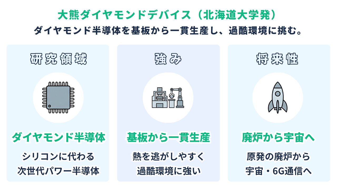 大熊ダイヤモンドデバイス(北海道大学発)|研究領域=ダイヤモンド半導体/強み=基板から一貫生産/将来性=廃炉から宇宙・6Gへ