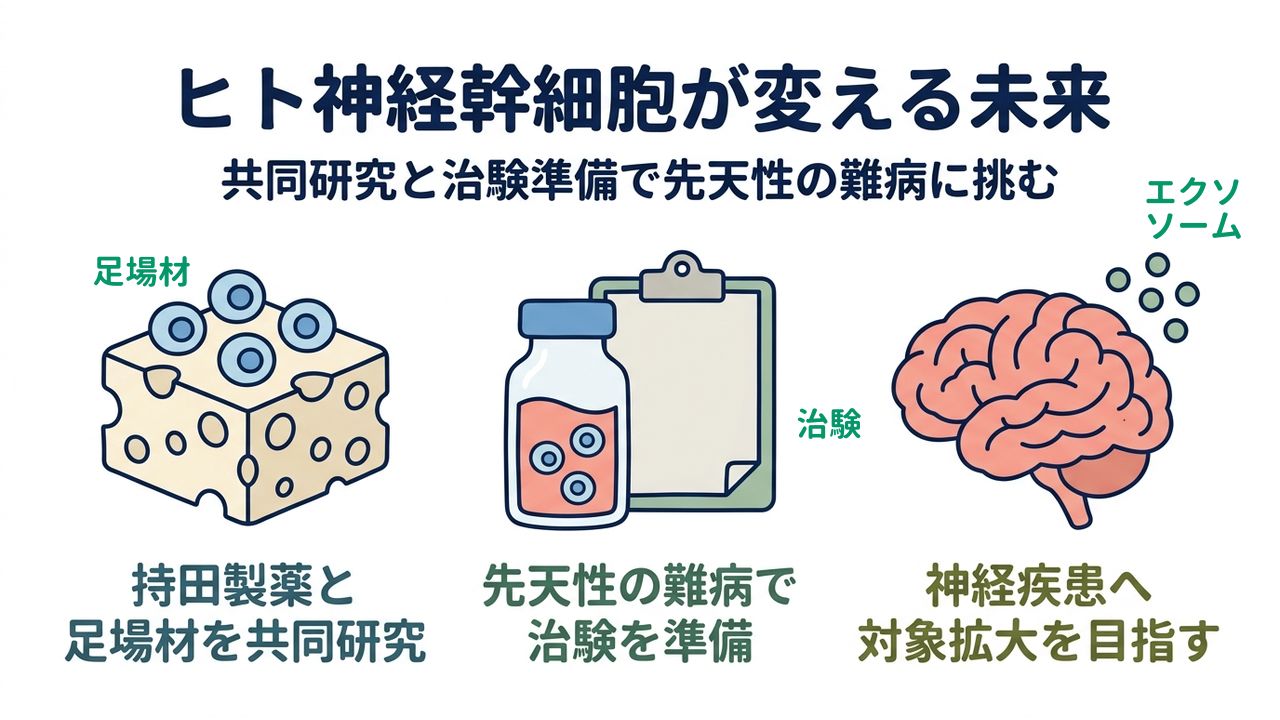 ヒト神経幹細胞が変える未来｜共同研究と治験準備で先天性の難病に挑む｜持田製薬と・足場材を共同研究／先天性の難病で・治験を準備／神経疾患へ・対象拡大を目指す