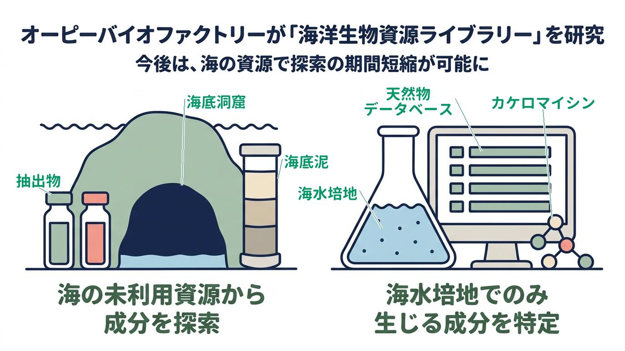 オーピーバイオファクトリーが「海洋生物資源ライブラリー」を研究|今後は、海の資源で探索の期間短縮が可能に|海の未利用資源から・成分を探索/海水培地でのみ・生じる成分を特定