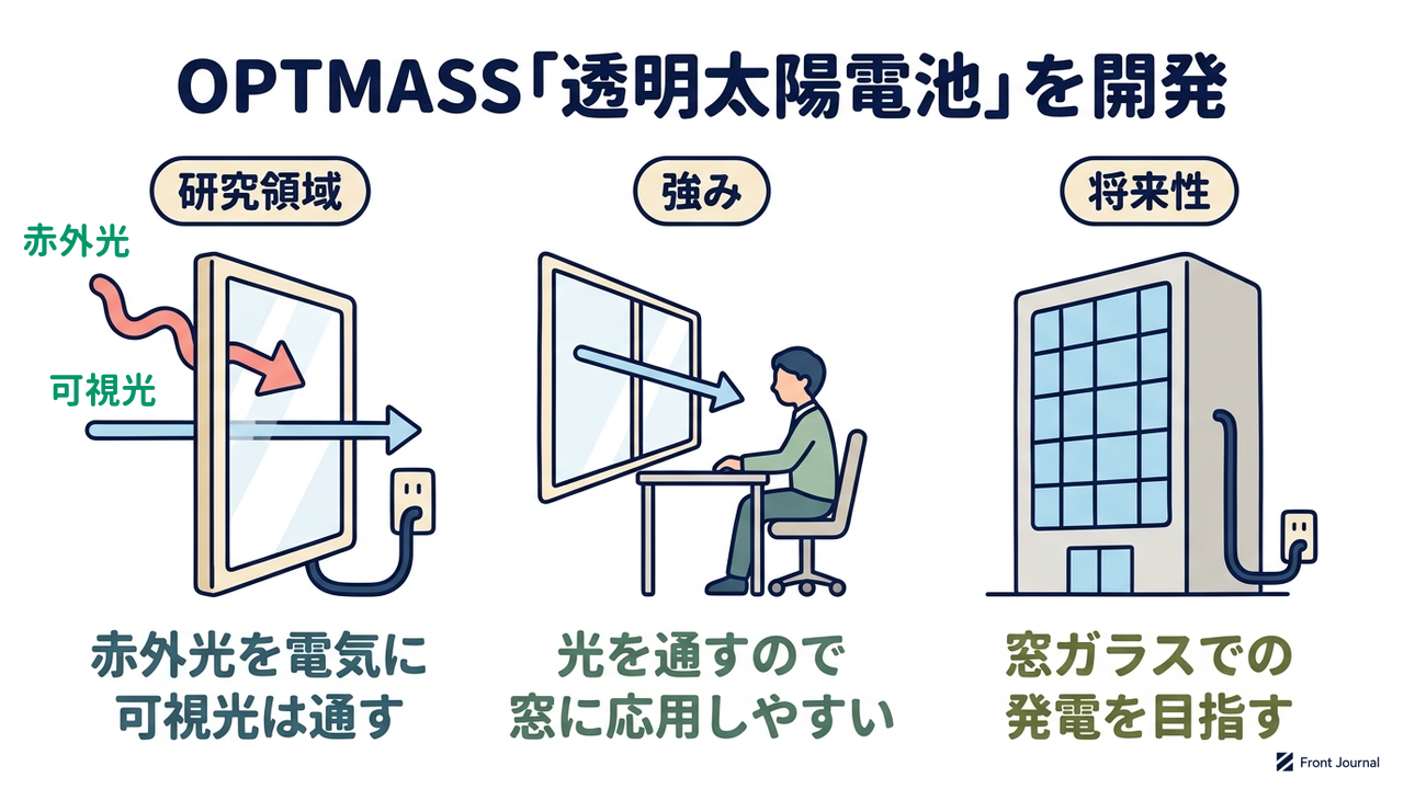 OPTMASS「透明太陽電池」を開発｜研究領域=赤外光を電気に、可視光は通す／強み=光を通すので窓に応用しやすい／将来性=窓ガラスでの発電を目指す