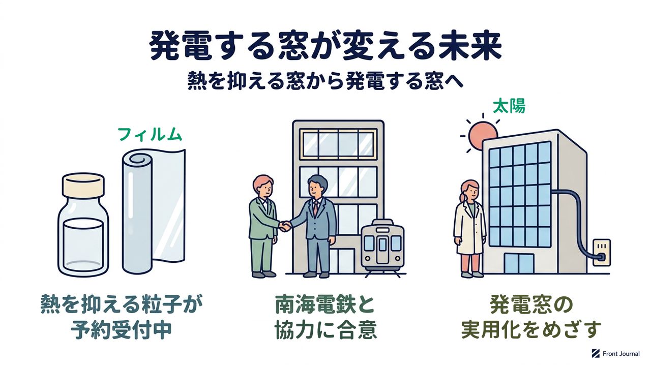 発電する窓が変える未来｜熱を抑える窓から発電する窓へ／熱を抑える粒子が予約受付中／南海電鉄と協力に合意／発電窓の実用化をめざす