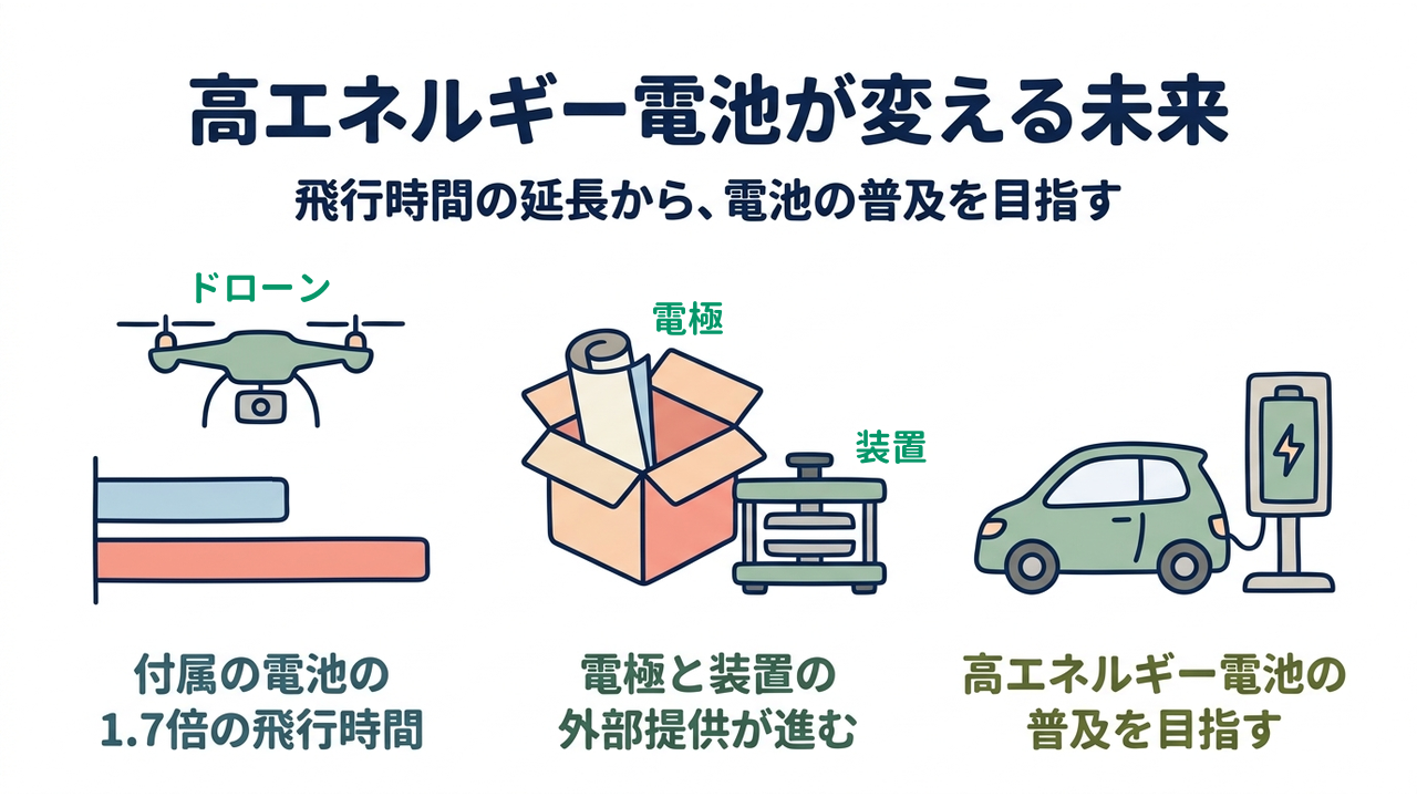高エネルギー電池が変える未来｜飛行時間の延長から、電池の普及を目指す｜付属の電池の・1.7倍の飛行時間／電極と装置の・外部提供が進む／高エネルギー電池の・普及を目指す