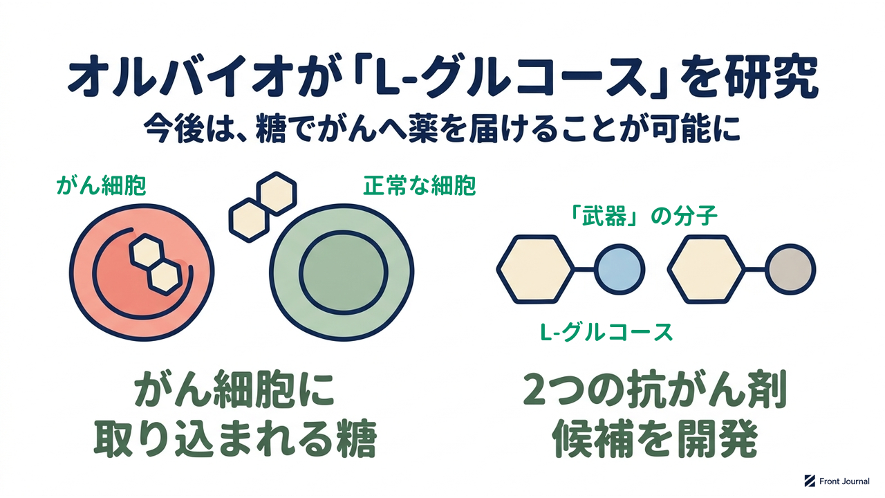 オルバイオが「L-グルコース」を研究|今後は、糖でがんへ薬を届けることが可能に/がん細胞に取り込まれる糖/2つの抗がん剤候補を開発