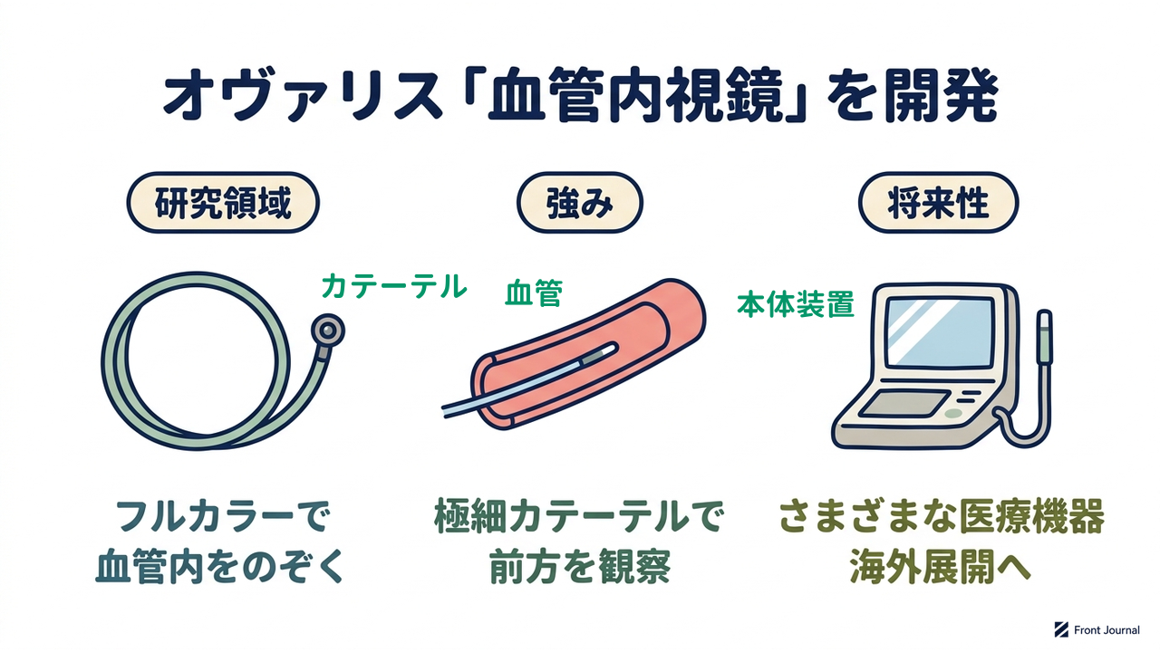 オヴァリス「血管内視鏡」を開発|研究領域=フルカラーで・血管内をのぞく/強み=極細カテーテルで・前方を観察/将来性=さまざまな医療機器・海外展開へ