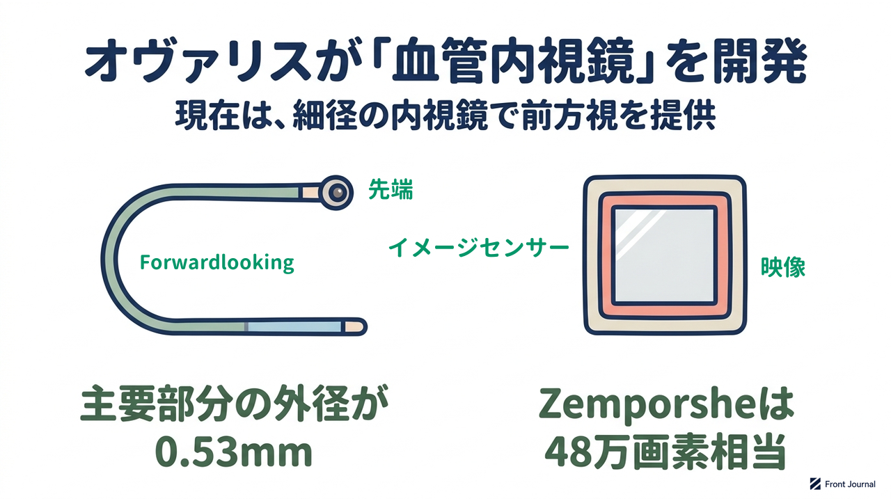 オヴァリスが「血管内視鏡」を開発|現在は、細径の内視鏡で前方視を提供|主要部分の外径が・0.53mm/Zemporsheは・48万画素相当