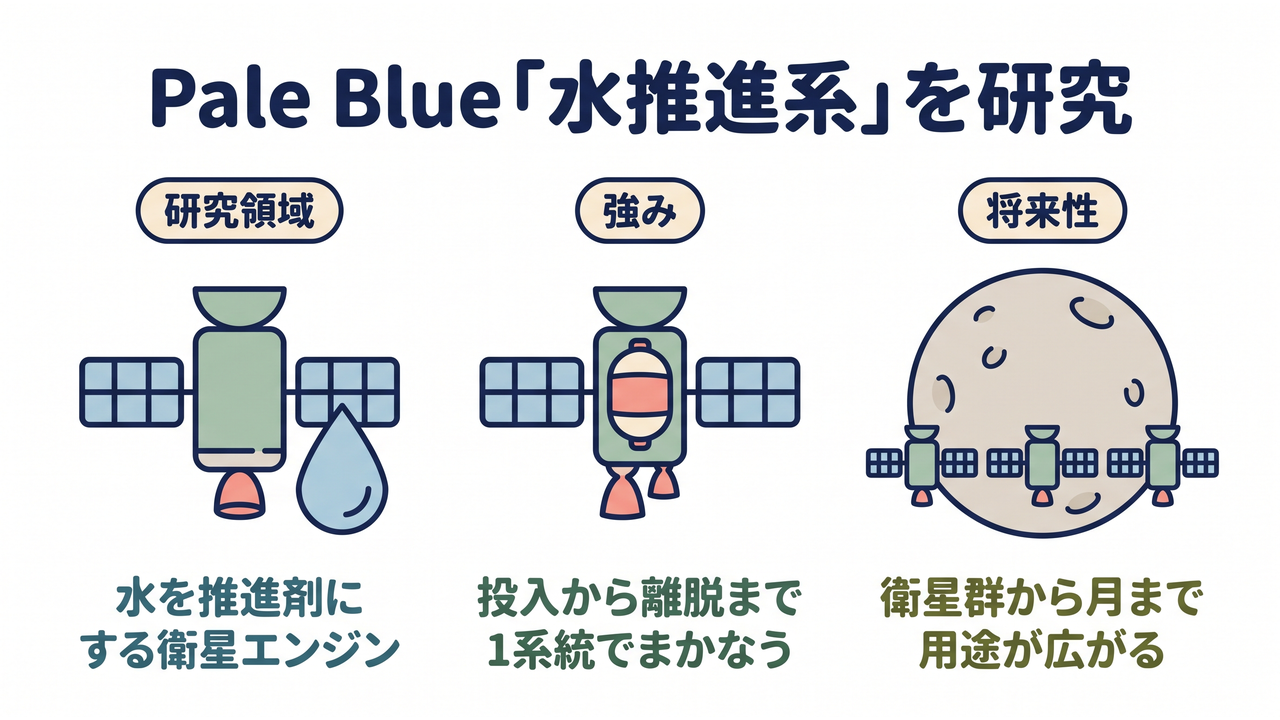 Pale Blue｜研究領域＝水を推進剤にする衛星エンジン／強み＝投入から離脱まで1系統でまかなう／将来性＝衛星群から月まで用途が広がる