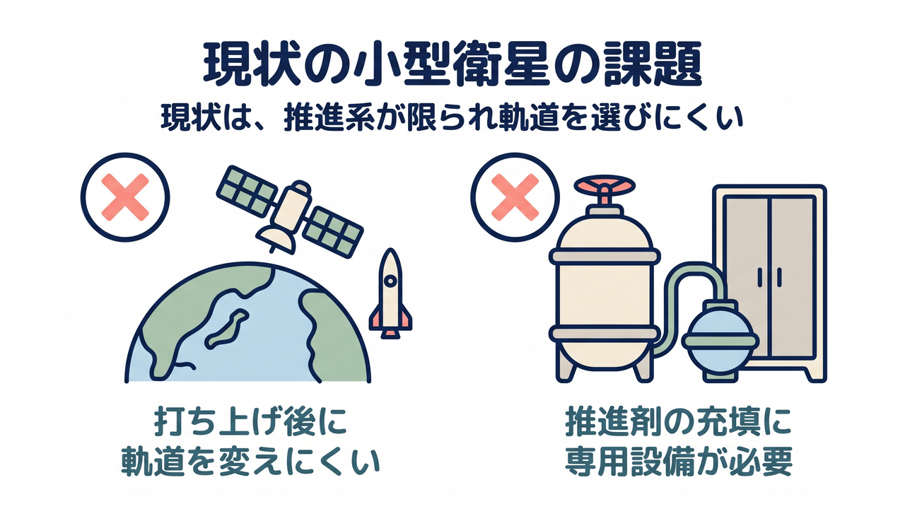 現状の小型衛星の課題｜打ち上げ後に軌道を変えにくい／推進剤の充填に専用設備が必要
