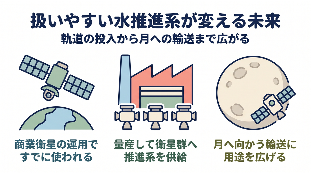 扱いやすい水推進系が変える未来｜商業衛星の運用ですでに使われる／量産して衛星群へ推進系を供給／月へ向かう輸送に用途を広げる