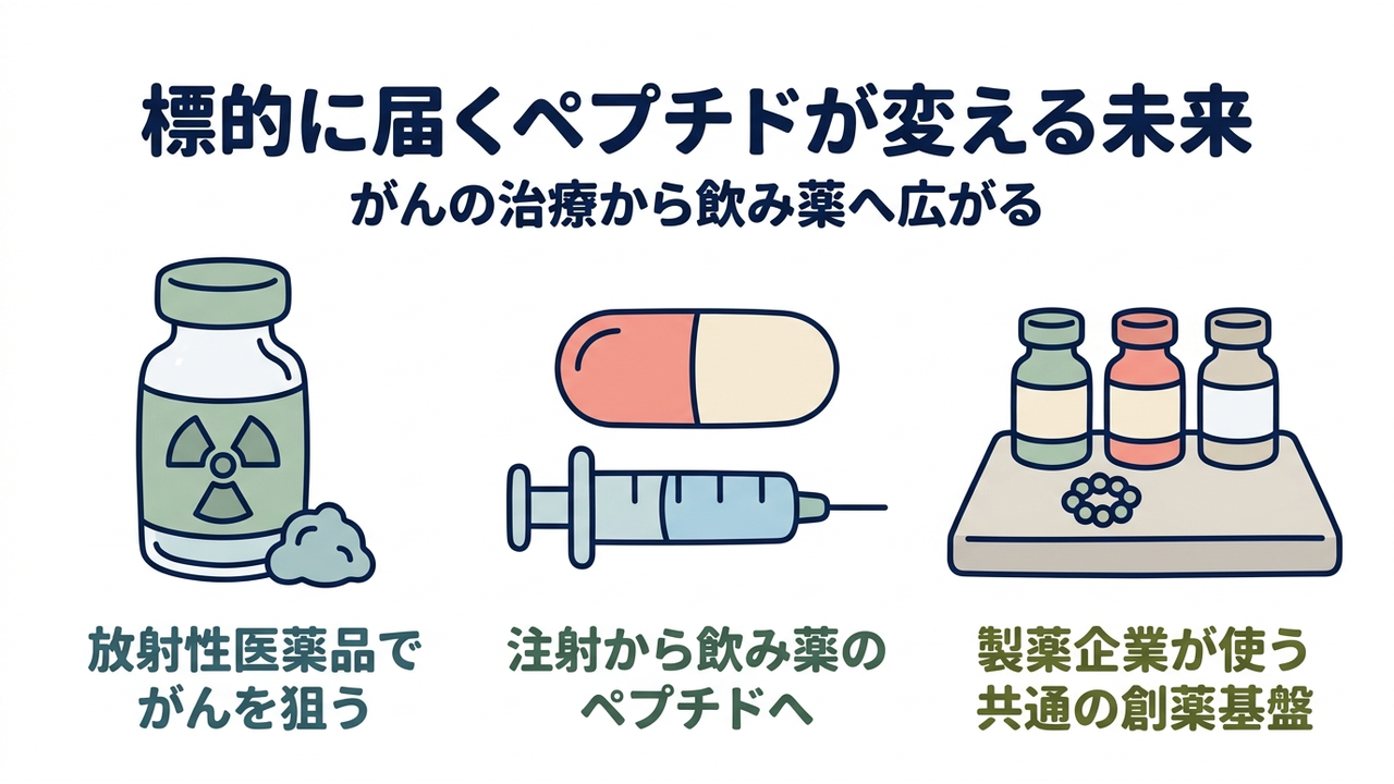 標的に届くペプチドが変える未来｜がんの治療から飲み薬へ広がる／放射性医薬品でがんを狙う／注射から飲み薬のペプチドへ／製薬企業が使う共通の創薬基盤