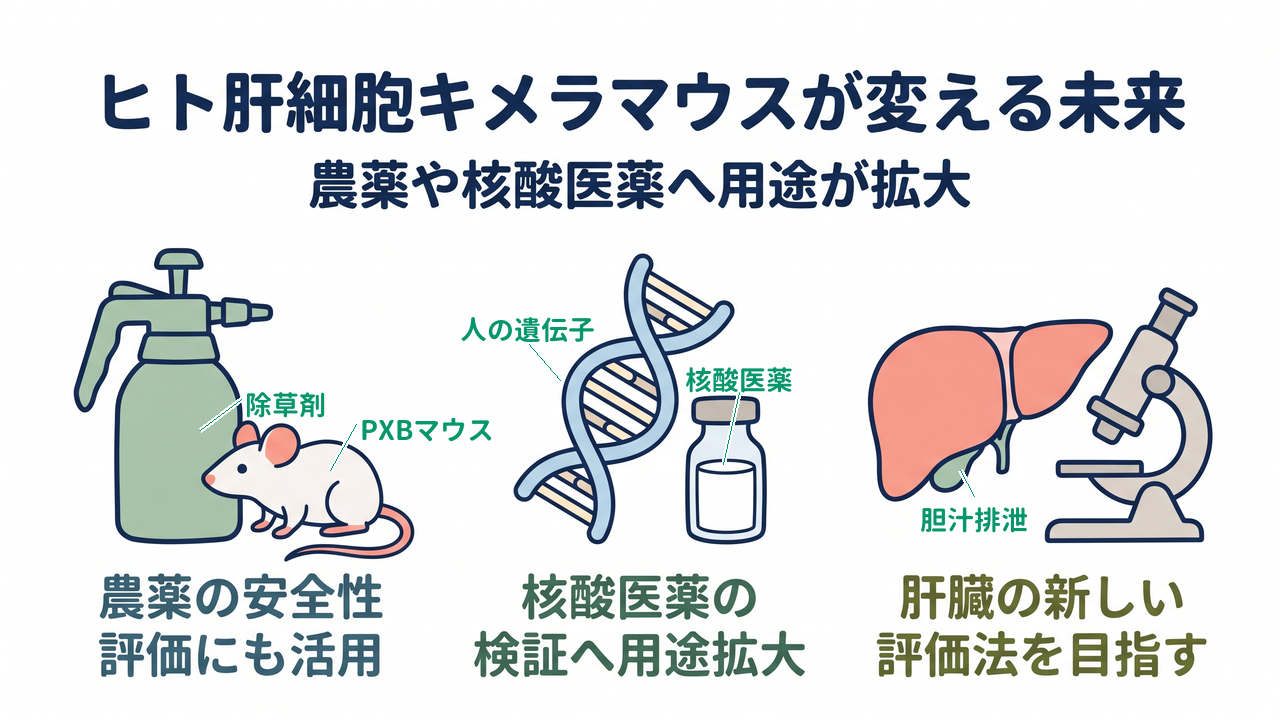 ヒト肝細胞キメラマウスが変える未来|農薬や核酸医薬へ用途が拡大|農薬の安全性・評価にも活用/核酸医薬の・検証へ用途拡大/肝臓の新しい・評価法を目指す