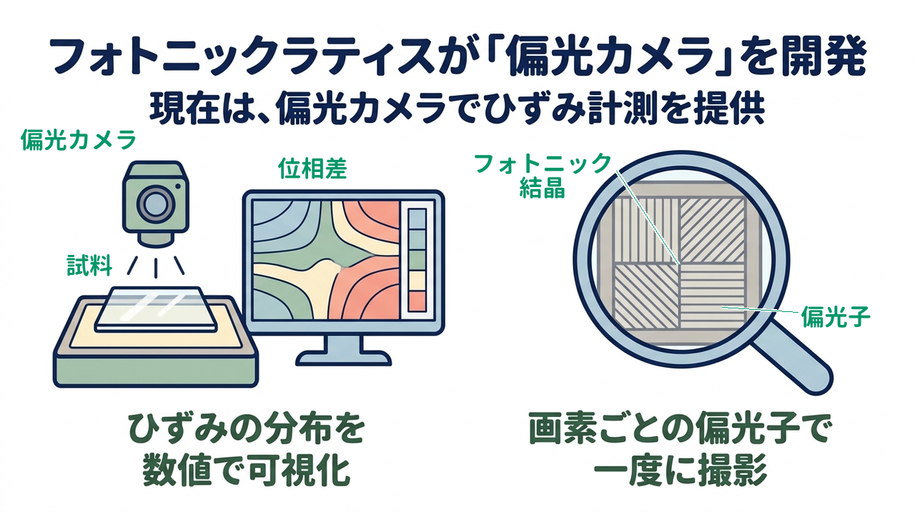 フォトニックラティスが「偏光カメラ」を開発|現在は、偏光カメラでひずみ計測を提供/ひずみの分布を数値で可視化/画素ごとの偏光子で一度に撮影