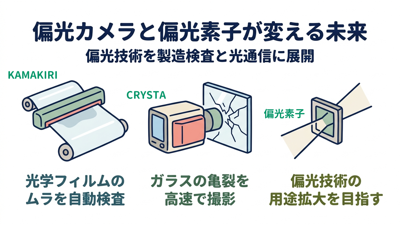 偏光カメラと偏光素子が変える未来|偏光技術を製造検査と光通信に展開/光学フィルムのムラを自動検査/ガラスの亀裂を高速で撮影/偏光技術の用途拡大を目指す