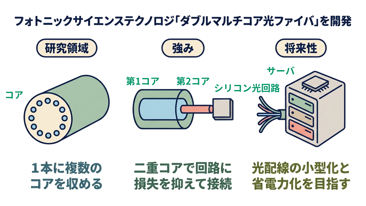 フォトニックサイエンステクノロジ「ダブルマルチコア光ファイバ」を開発|研究領域=1本に複数の・コアを収める/強み=二重コアで回路に・低損失で接続/将来性=光配線の小型化と・省電力化を目指す