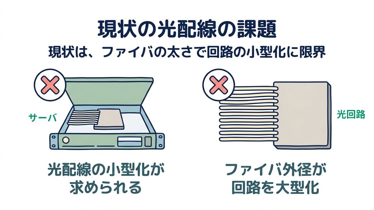 現状の光配線の課題|現状は、ファイバの太さで回路の小型化に限界|光配線の小型化が・求められる/ファイバ外径が・回路を大型化