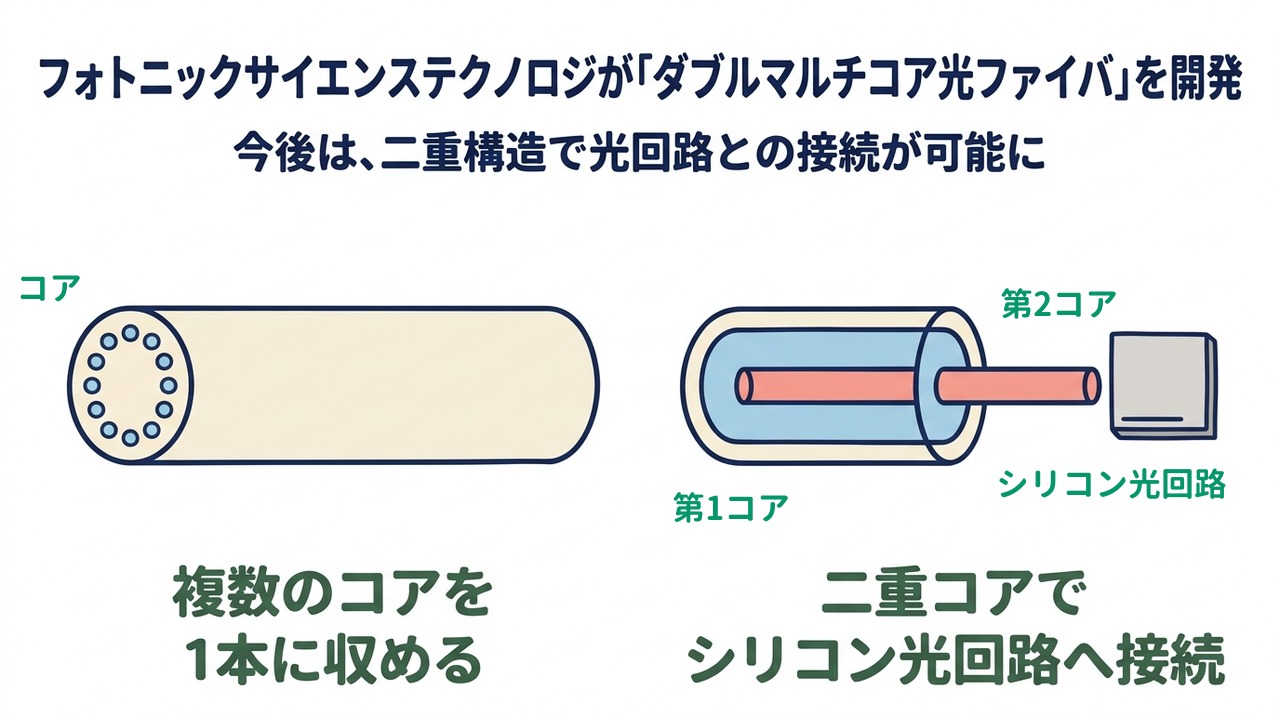フォトニックサイエンステクノロジが「ダブルマルチコア光ファイバ」を開発|今後は、二重構造で光回路との接続が可能に|複数のコアを・1本に収める/二重コアで・シリコン光回路へ接続