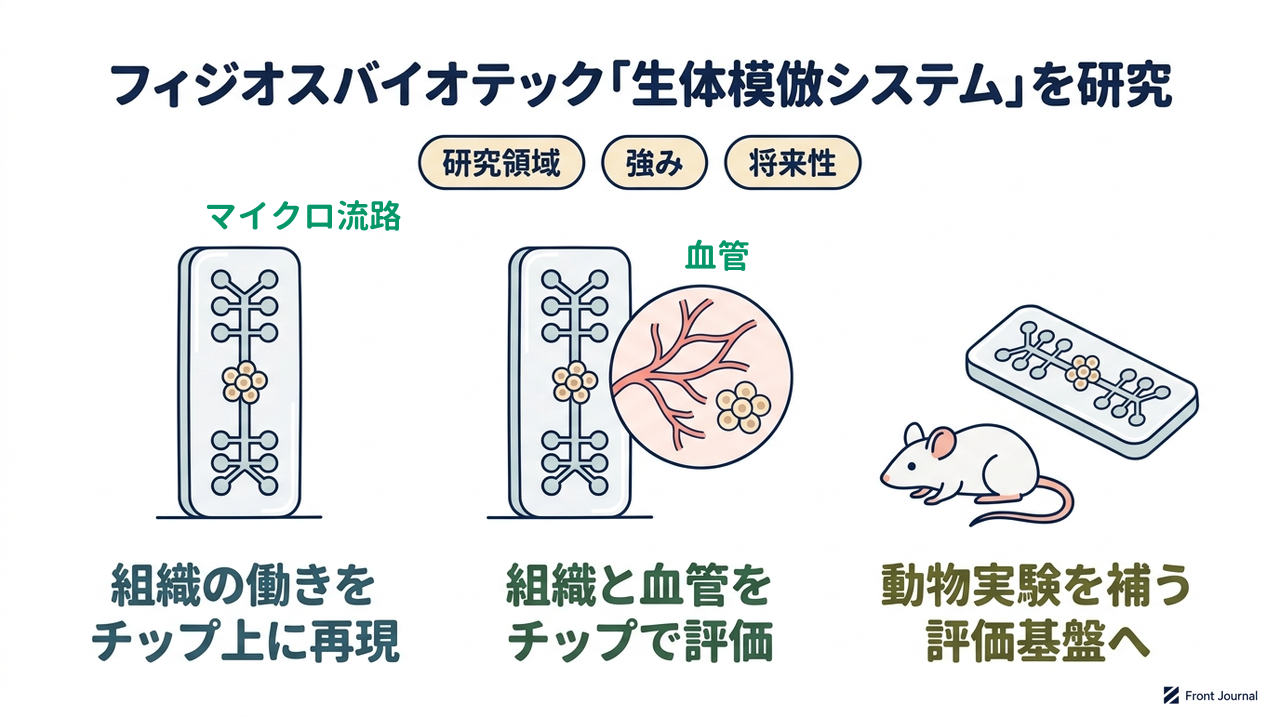 フィジオスバイオテック「生体模倣システム」を研究|研究領域=組織の働きをチップ上に再現/強み=組織と血管をチップで評価/将来性=動物実験を補う評価基盤へ