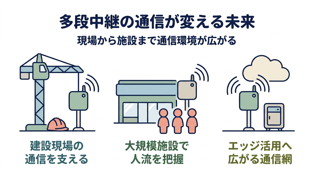 多段中継の通信が変える未来｜現場から施設まで通信環境が広がる／建設現場の通信を支える／大規模施設で人流を把握／エッジ活用へ広がる通信網