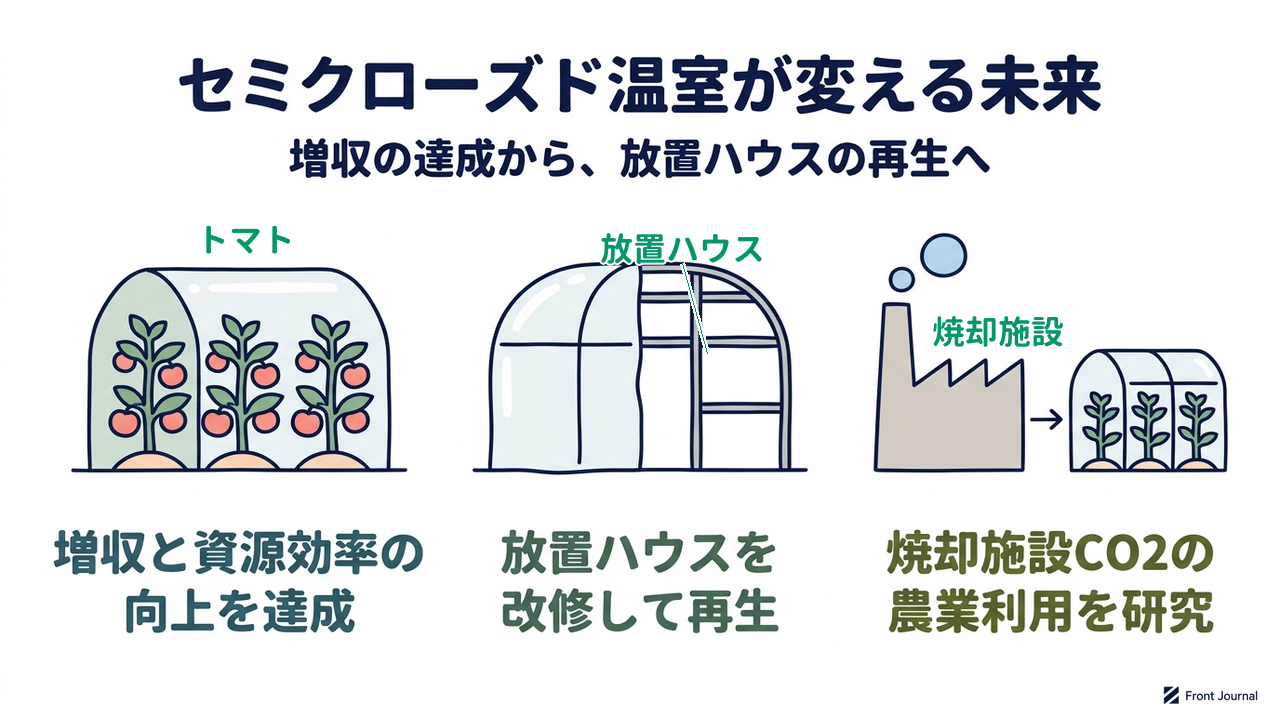 セミクローズド温室が変える未来|増収の達成から、放置ハウスの再生へ|増収と資源効率の・向上を達成/放置ハウスを・改修して再生/焼却施設CO2の・農業利用を研究