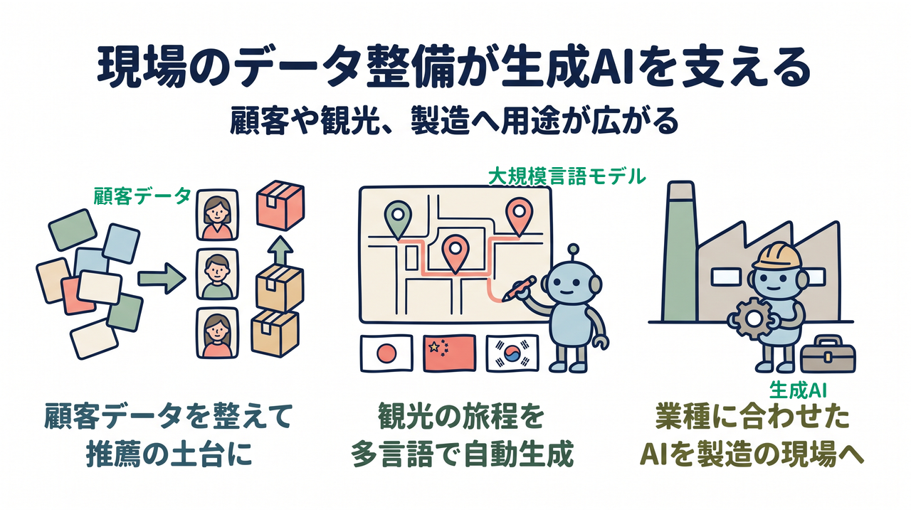 現場のデータ整備が生成AIを支える｜顧客データを整えて推薦の土台に／観光の旅程を多言語で自動生成／業種に合わせたAIを製造の現場へ