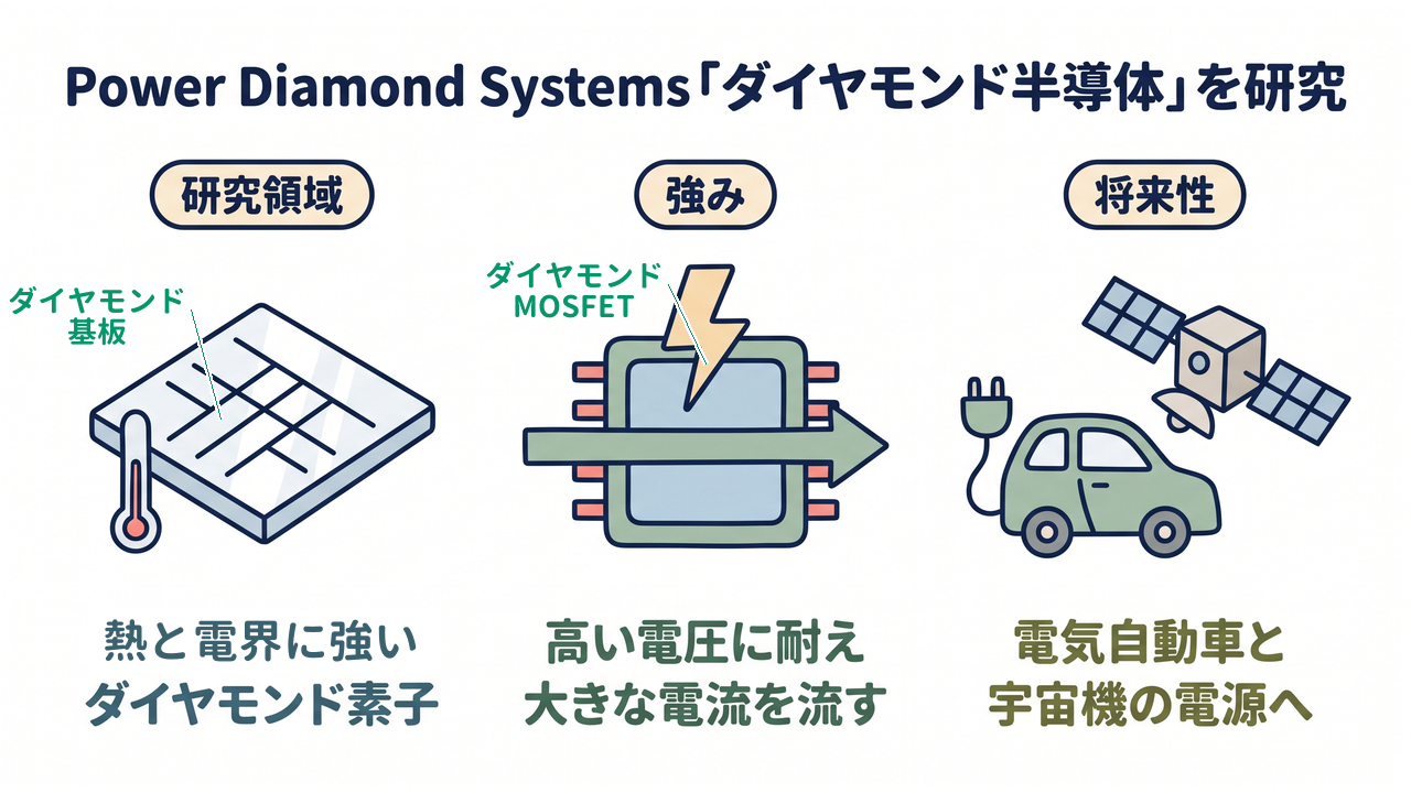 Power Diamond Systems「ダイヤモンド半導体」を研究｜研究領域=熱と電界に強いダイヤモンド素子／強み=高い電圧に耐え大きな電流を流す／将来性=電気自動車と宇宙機の電源へ