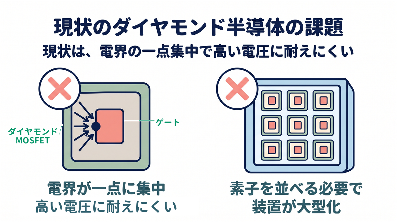 現状のダイヤモンド半導体の課題｜電界が一点に集中し高い電圧に耐えにくい／素子を並べる必要で装置が大型化
