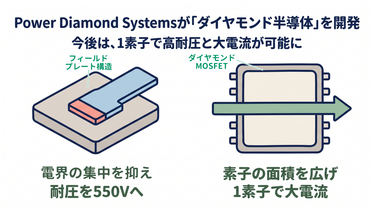 Power Diamond Systemsが「ダイヤモンド半導体」を開発｜電界の集中を抑え耐圧を550Vへ／素子の面積を広げ1素子で大電流