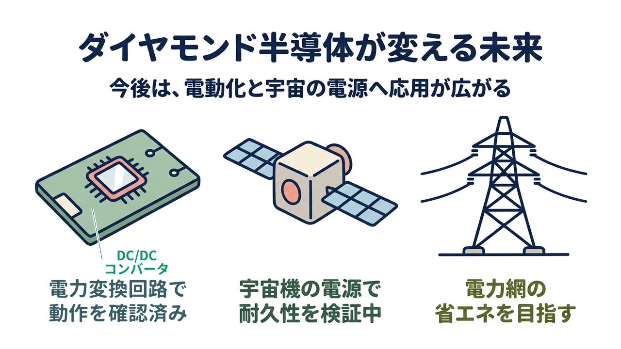 ダイヤモンド半導体が変える未来｜電力変換回路で動作を確認済み／宇宙機の電源で耐久性を検証中／電力網の省エネを目指す