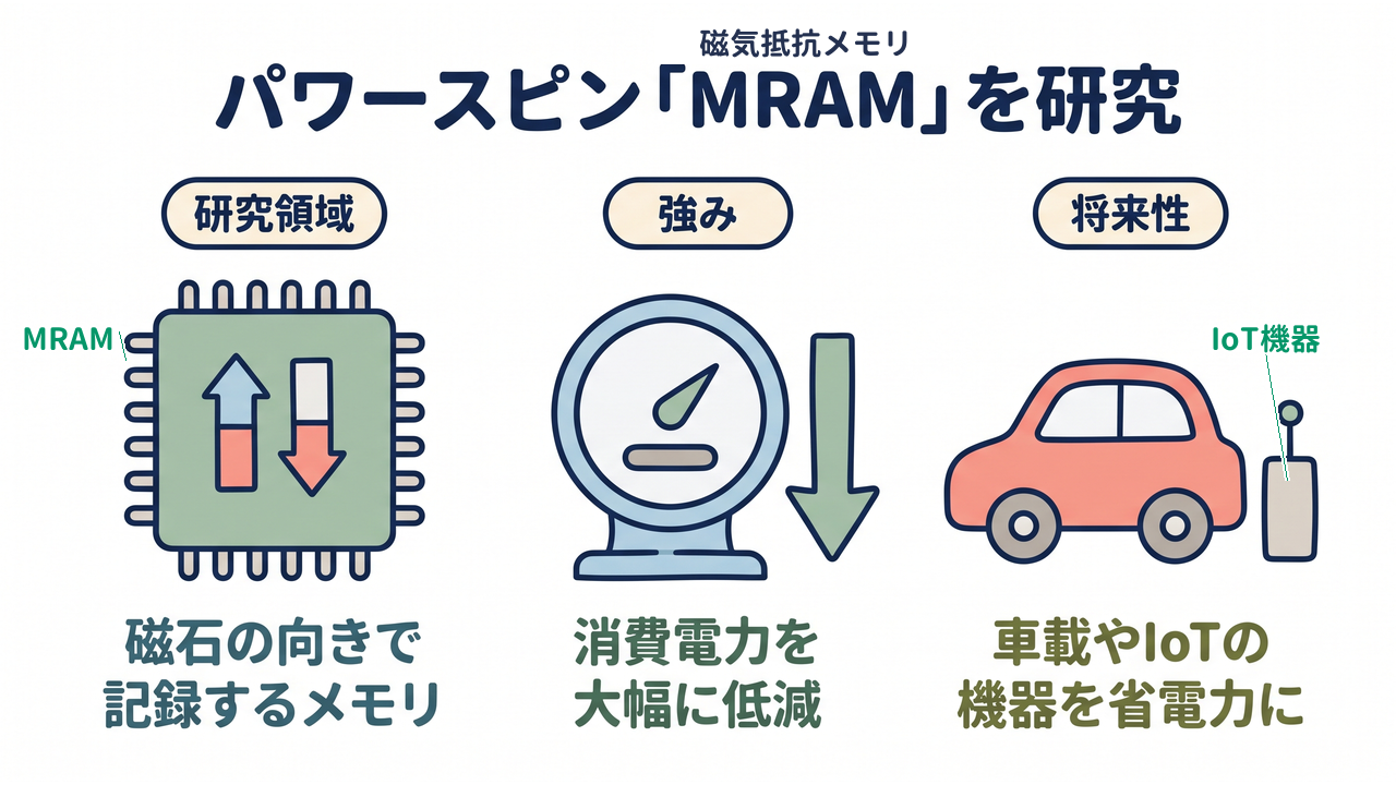 パワースピン「MRAM」を研究｜磁石の向きで記録するメモリ／消費電力を大幅に低減／車載やIoTの機器を省電力に