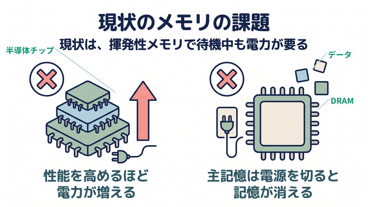現状のメモリの課題｜現状は、揮発性メモリで待機中も電力が要る。性能を高めるほど電力が増える／主記憶は電源を切ると記憶が消える