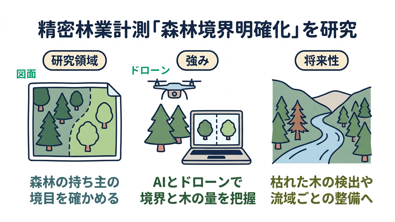 精密林業計測「森林境界明確化」を研究|研究領域=森林の持ち主の・境目を確かめる/強み=AIとドローンで・境界と木の量を把握/将来性=枯れた木の検出や・流域ごとの整備へ