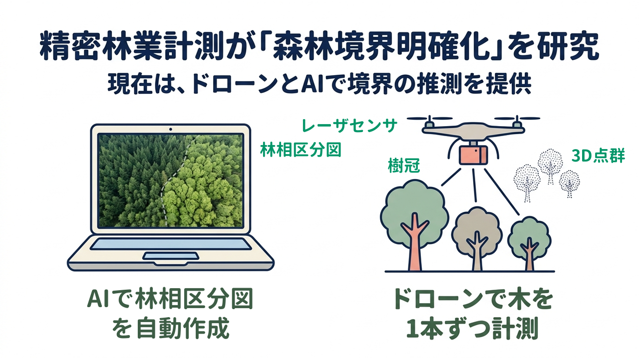 精密林業計測が「森林境界明確化」を研究|現在は、ドローンとAIで境界の推測を提供|AIで林相区分図・を自動作成/ドローンで木を・1本ずつ計測