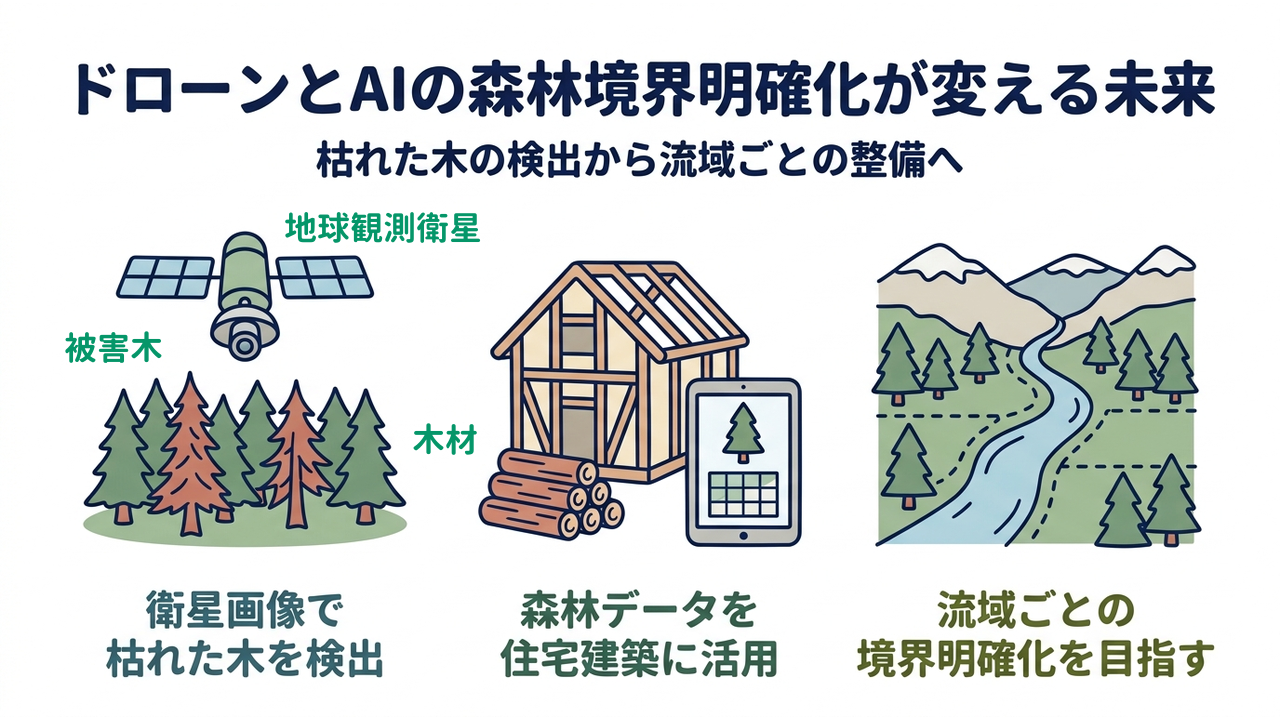 ドローンとAIの森林境界明確化が変える未来|枯れた木の検出から流域ごとの整備へ|衛星画像で・枯れた木を検出/森林データを・住宅建築に活用/流域ごとの・境界明確化を目指す
