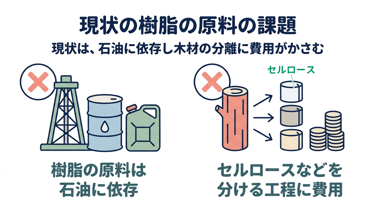 現状の樹脂の原料の課題｜現状は、石油に依存し木材の分離に費用がかさむ｜樹脂の原料は・石油に依存／セルロースなどを・分ける工程に費用