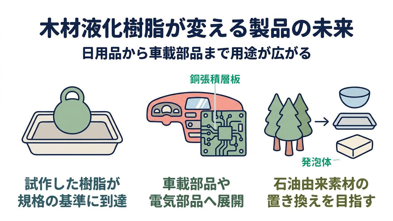 木材液化樹脂が変える製品の未来｜日用品から車載部品まで用途が広がる｜試作した樹脂が・規格の基準に到達／車載部品や・電気部品へ展開／石油由来素材の・置き換えを目指す