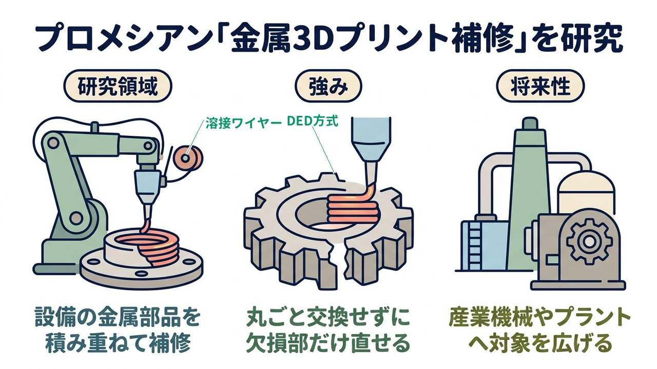 プロメシアン「金属3Dプリント補修」を研究|研究領域=設備の金属部品を積み重ねて補修/強み=丸ごと交換せずに欠損部だけ直せる/将来性=産業機械やプラントへ対象を広げる