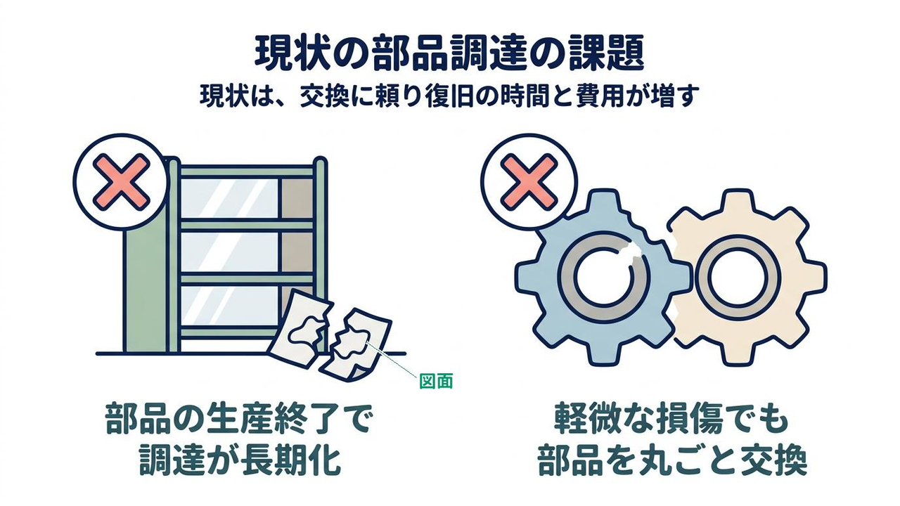 現状の部品調達の課題|部品の生産終了で調達が長期化/軽微な損傷でも部品を丸ごと交換