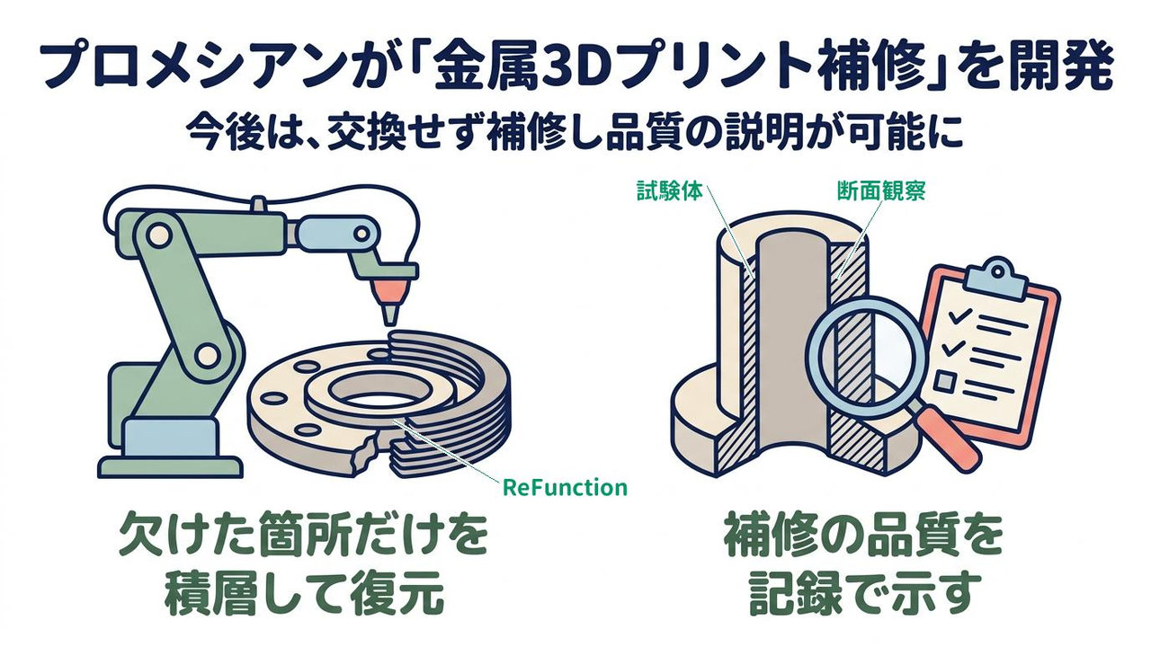 プロメシアンが「金属3Dプリント補修」を開発|欠けた箇所だけを積層して復元/補修の品質を記録で示す