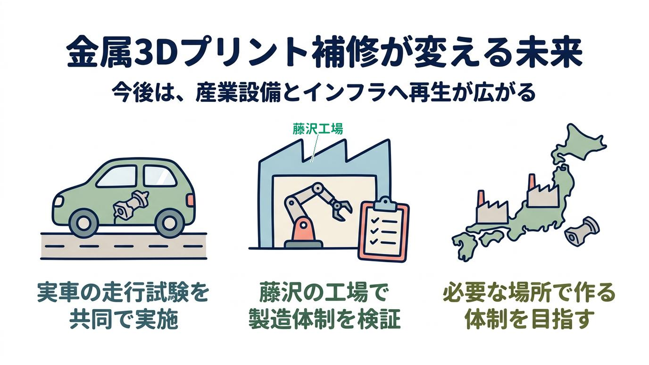 金属3Dプリント補修が変える未来|実車の走行試験を共同で実施/藤沢の工場で製造体制を検証/必要な場所で作る体制を目指す