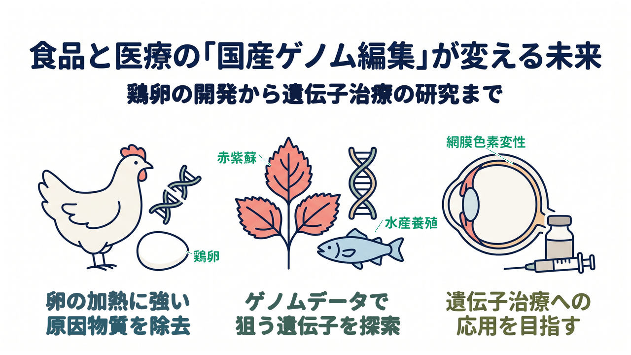食品と医療の「国産ゲノム編集」が変える未来|鶏卵の開発から遺伝子治療の研究まで|卵の加熱に強い・原因物質を除去/ゲノムデータで・狙う遺伝子を探索/遺伝子治療への・応用を目指す