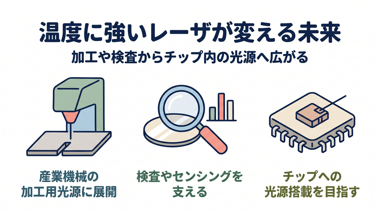 温度に強いレーザが変える未来｜加工や検査からチップ内の光源へ広がる／産業機械の加工用光源に展開／検査やセンシングを支える／チップへの光源搭載を目指す