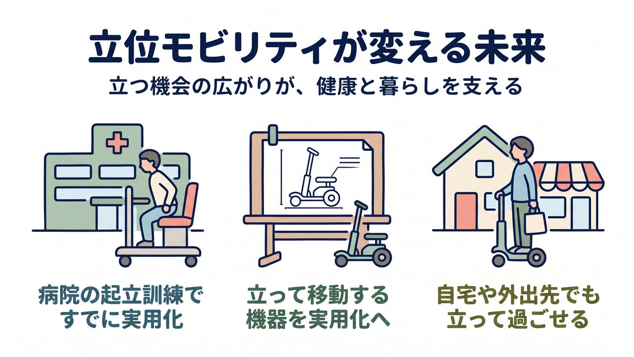 立位モビリティが変える未来｜立つ機会の広がりが、健康と暮らしを支える／病院の起立訓練ですでに実用化／立って移動する機器を実用化へ／自宅や外出先でも立って過ごせる