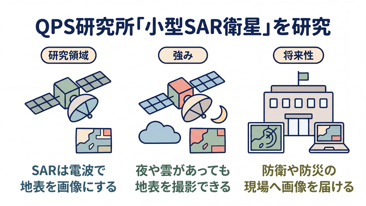 QPS研究所「小型SAR衛星」を研究|研究領域=SARは電波で/地表を画像にする/強み=夜や雲があっても/地表を撮影できる/将来性=防衛や防災の/現場へ画像を届ける