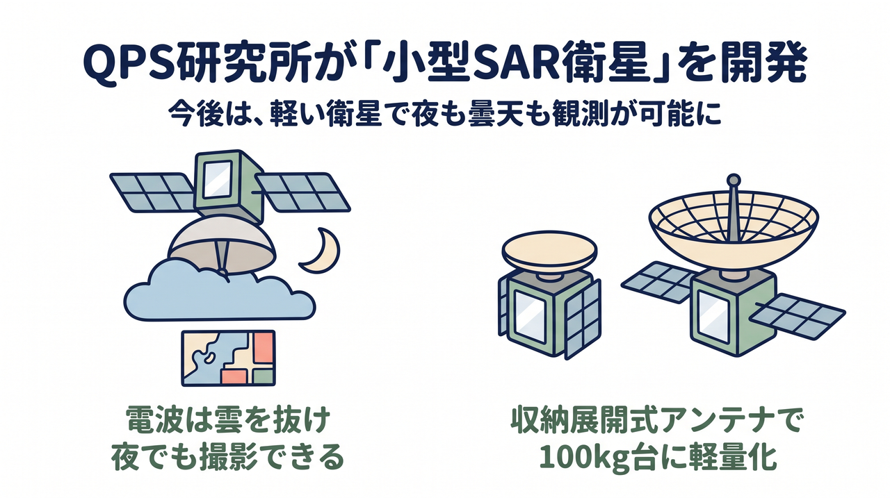 QPS研究所が「小型SAR衛星」を開発|今後は、軽い衛星で夜も曇天も観測が可能に/電波は雲を抜け/夜でも撮影できる/収納展開式アンテナで/100kg台に軽量化