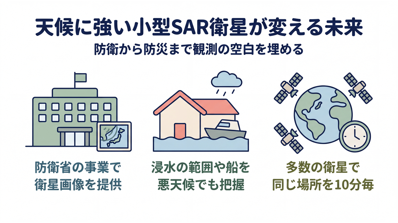 天候に強い小型SAR衛星が変える未来|防衛から防災まで観測の空白を埋める/防衛省の事業で/衛星画像を提供/浸水の範囲や船を/悪天候でも把握/多数の衛星で/同じ場所を10分毎