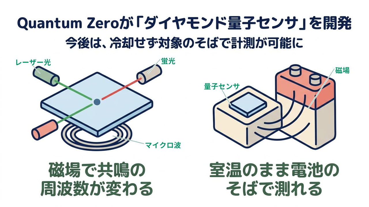 Quantum Zeroが「ダイヤモンド量子センサ」を開発｜今後は、冷却せず対象のそばで計測が可能に／磁場で共鳴の周波数が変わる／室温のまま電池のそばで測れる