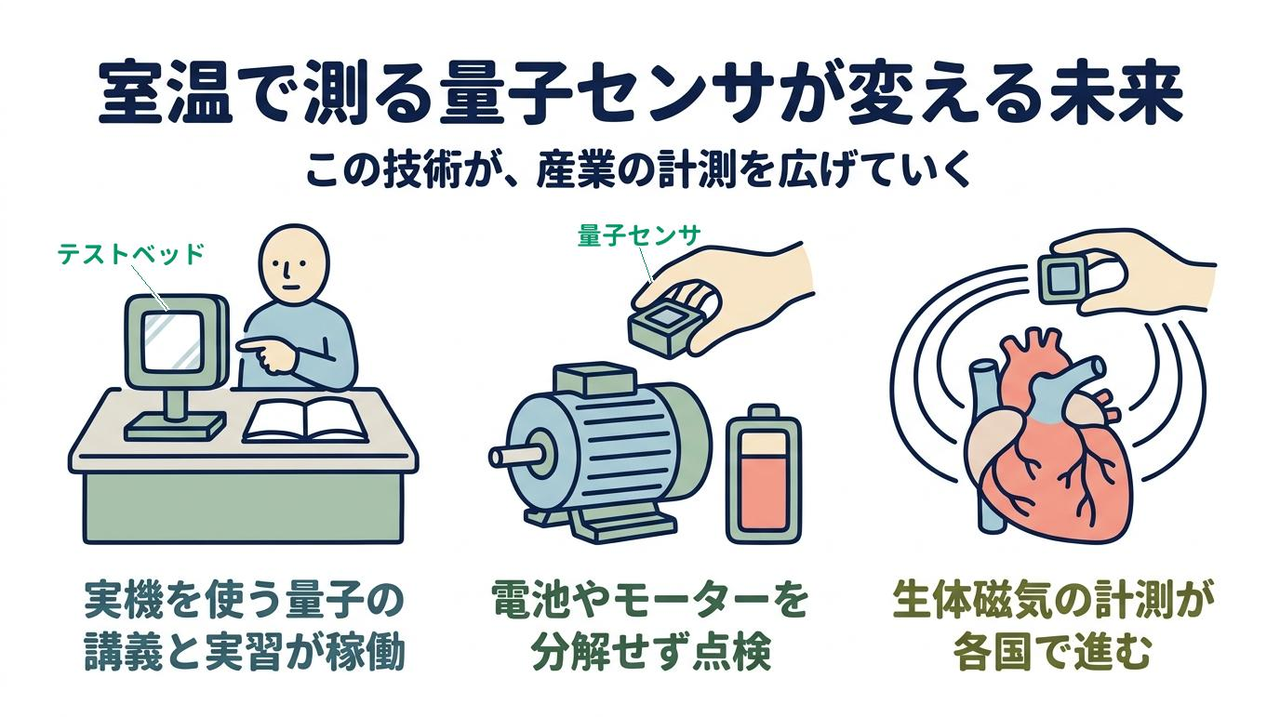 室温で測る量子センサが変える未来｜この技術が、産業の計測を広げていく／実機を使う量子の講義と実習が稼働／電池やモーターを分解せず点検／生体磁気の計測が各国で進む